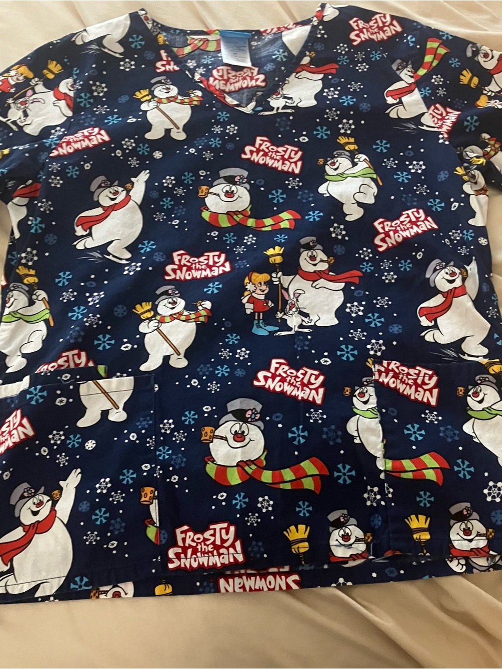 Frosty the Snowman V-Neck Medical Scrub Top Size M Navy Blue Christmas Holiday - Picture 7 of 16